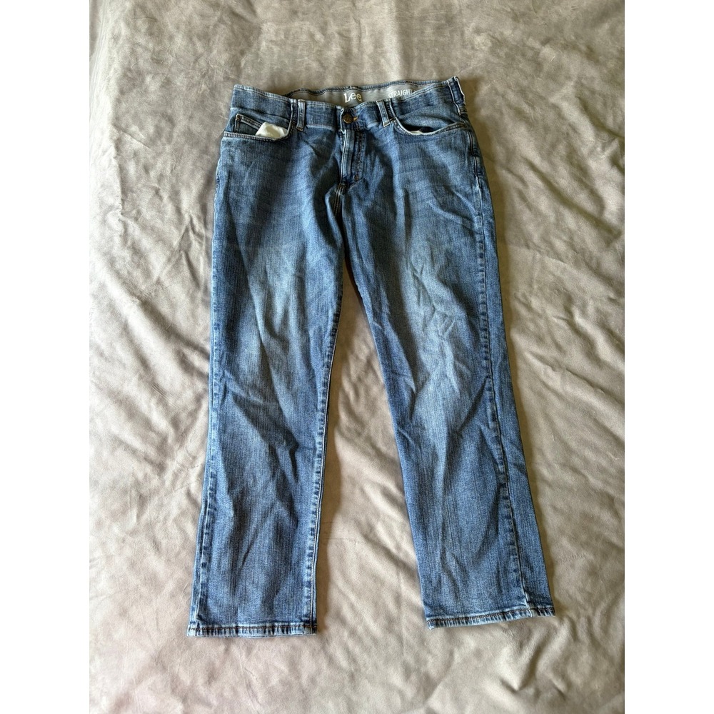 Lee Straight Taper Mens Jeans 38x30 Medium Wash Blue Denim Stretch